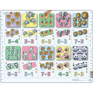 Subtraksjonstegnet med tall og mengder fra 0–10