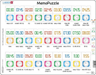 MemoPuzzle. Tidspunktet med tekst, tradisjonell og digital klokke.