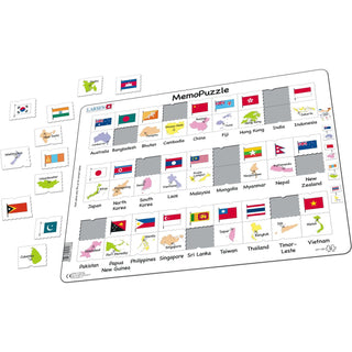 Flagg og hovedsteder til 27 land i Asia og Stillehavet.